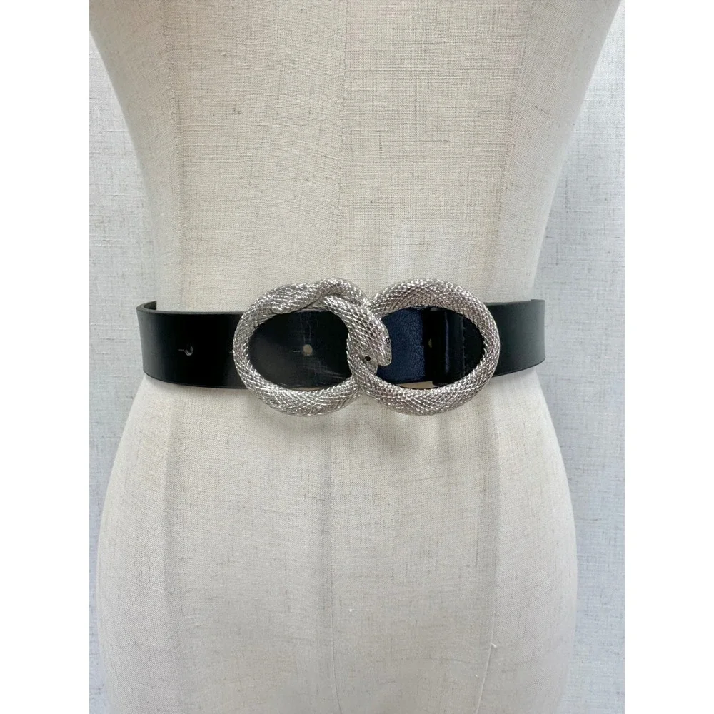 Double Snake Silver Textured Infinity Buckle Black Faux Leather Belt Size M